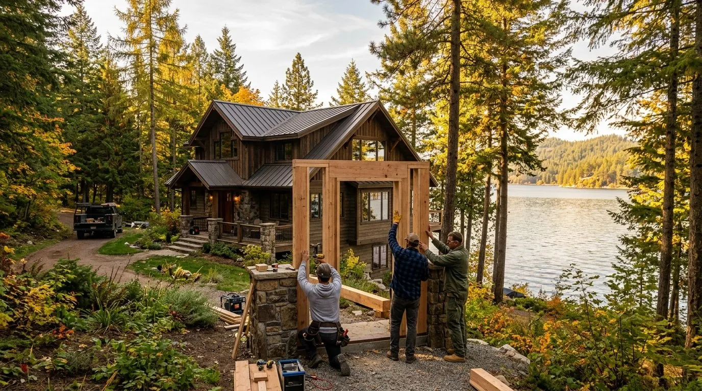 Three builders raise a heavy timber frame onto a stone pier beside a dark-stained lakeside house set among evergreens, with the lake and forested hills beyond and a pickup truck parked on the drive.